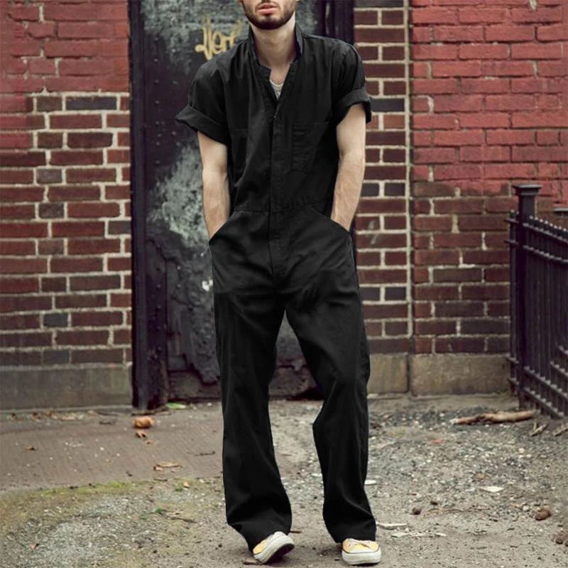 Short Sleeve Zipper Jumpsuit - Casual Lapel Pocket Overall