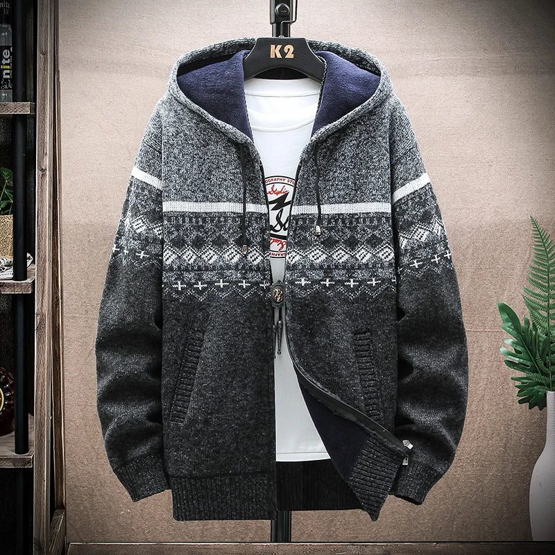 Plaid Hooded Zip Cardigan Jacket - Warm Checkered Knit Layer