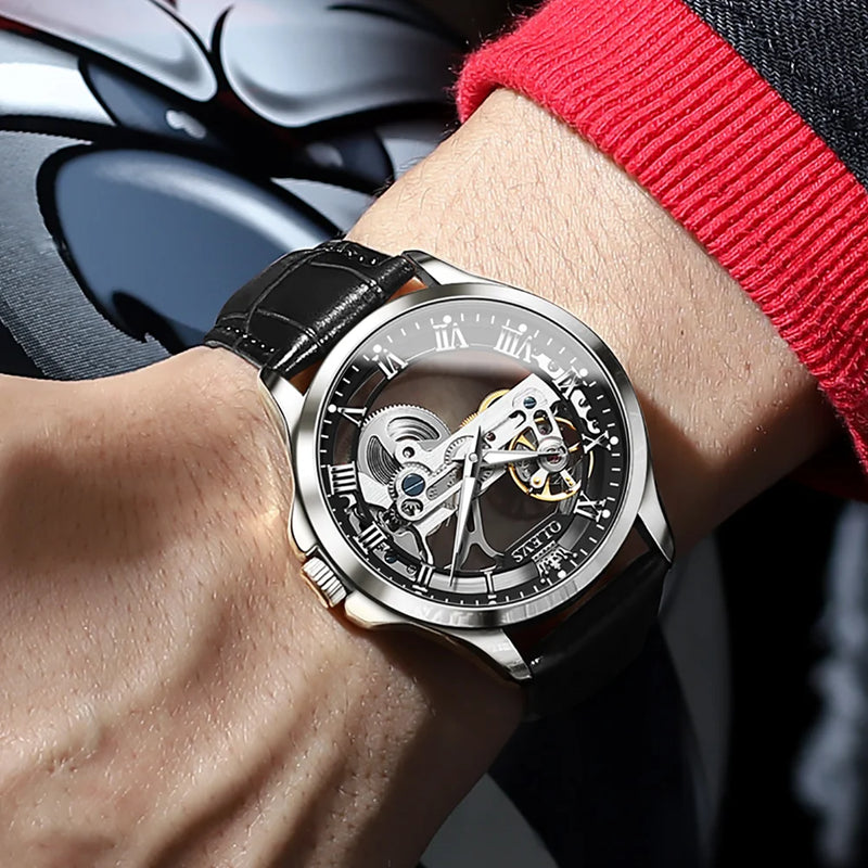 OLEVS Leather Strap Automatic Watch - Luminous Mechanical Wristwatch