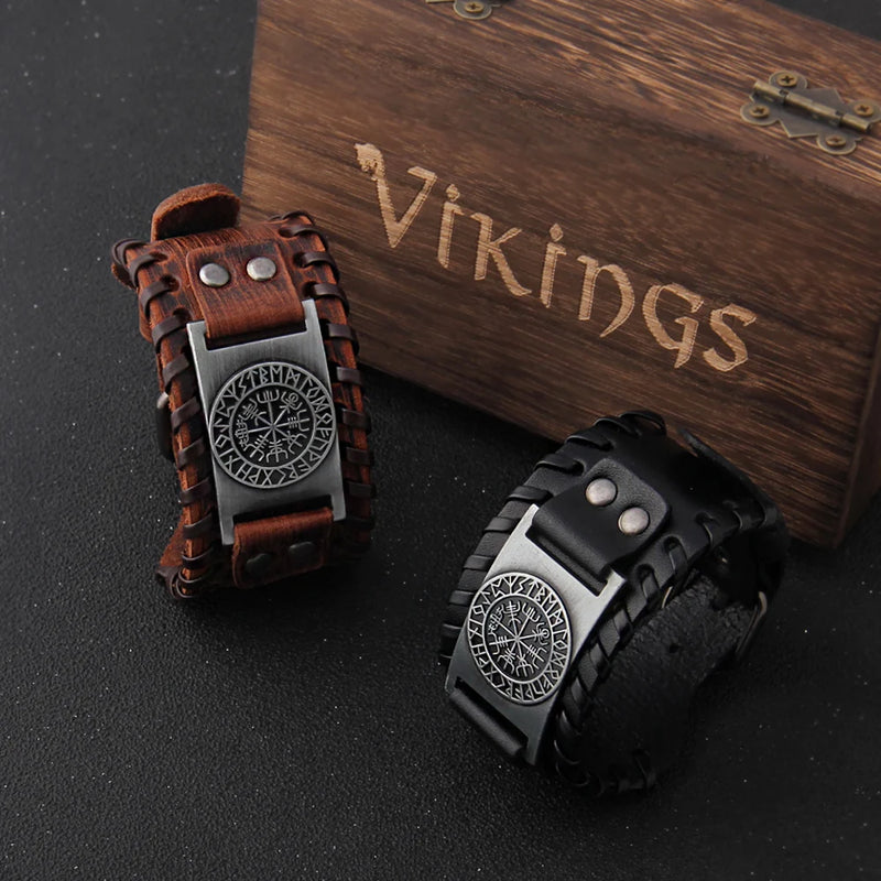 Wide Leather Viking Bracelet - Braided Rope Alloy Cuff Wristband