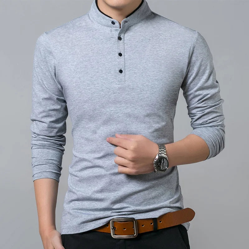 Mandarin Collar Long Sleeve T-Shirt - Solid Cotton Casual Top