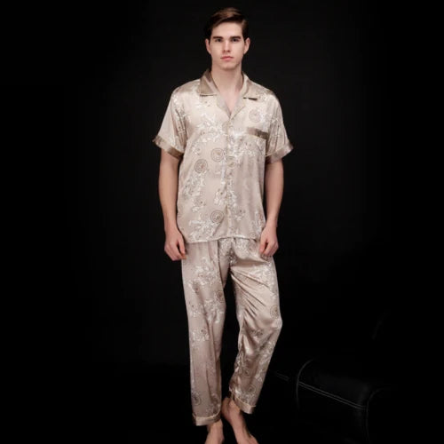 Printed Satin Pajama Set - Short Sleeve Silk Style Loungewear