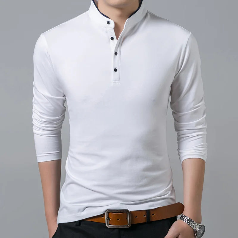 Mandarin Collar Long Sleeve T-Shirt - Solid Cotton Casual Top