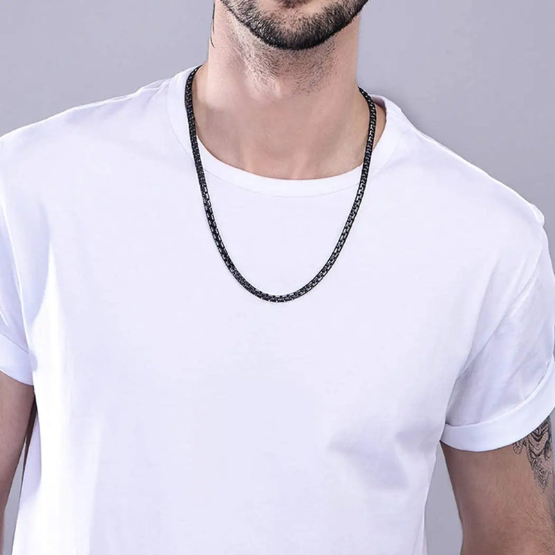 Black Flat Box Chain Necklace - Stainless Steel 4MM 6MM Jewelry