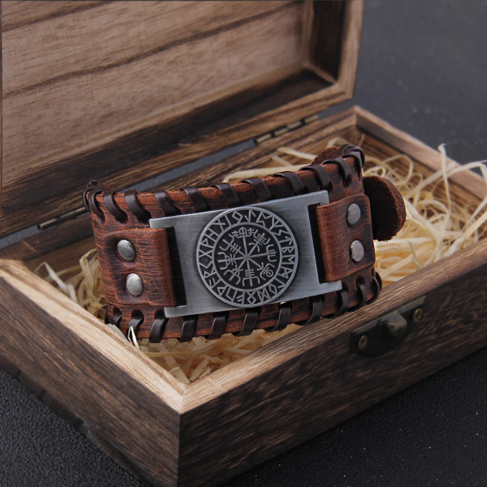 Wide Leather Viking Bracelet - Braided Rope Alloy Cuff Wristband