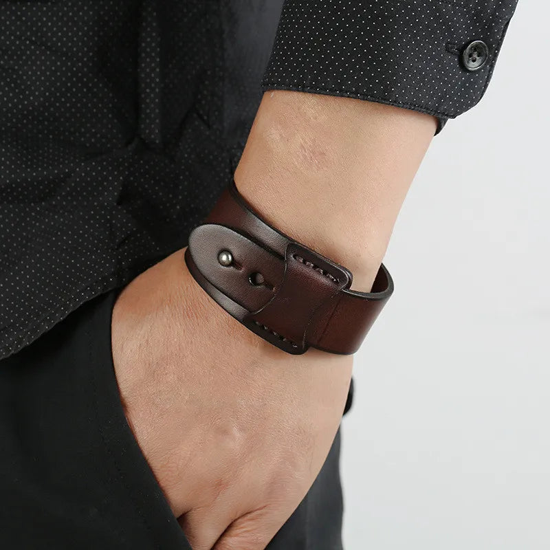 Vintage Wide Genuine Leather Cuff Bracelet - Brown Punk Wristband