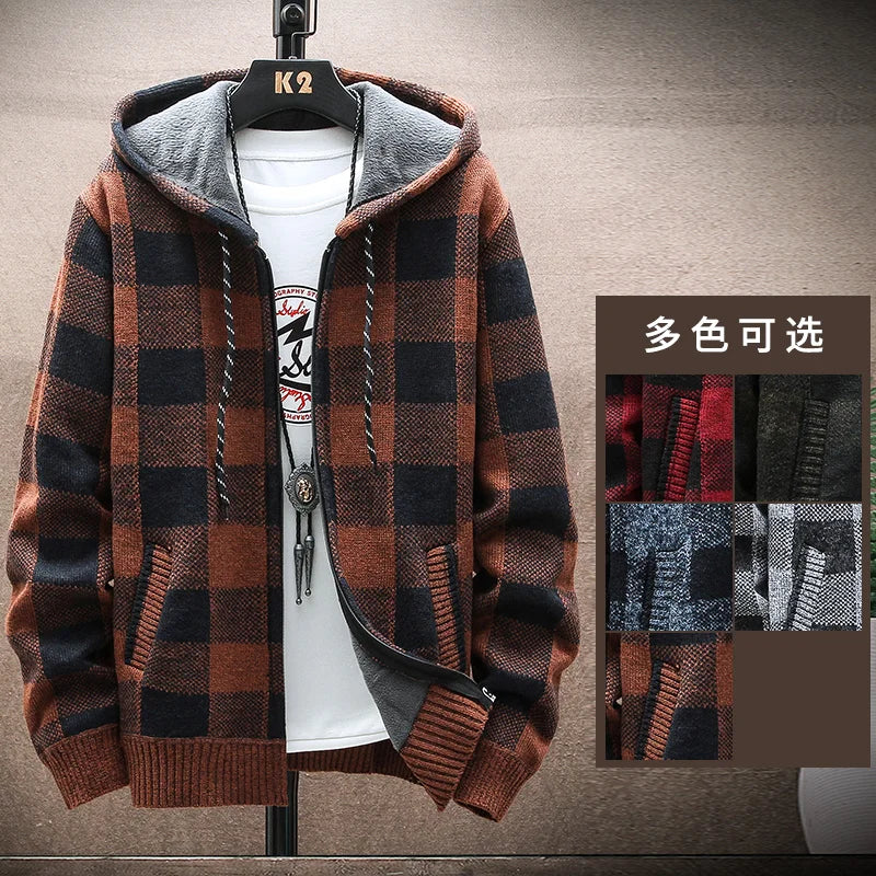 Plaid Hooded Zip Cardigan Jacket - Warm Checkered Knit Layer