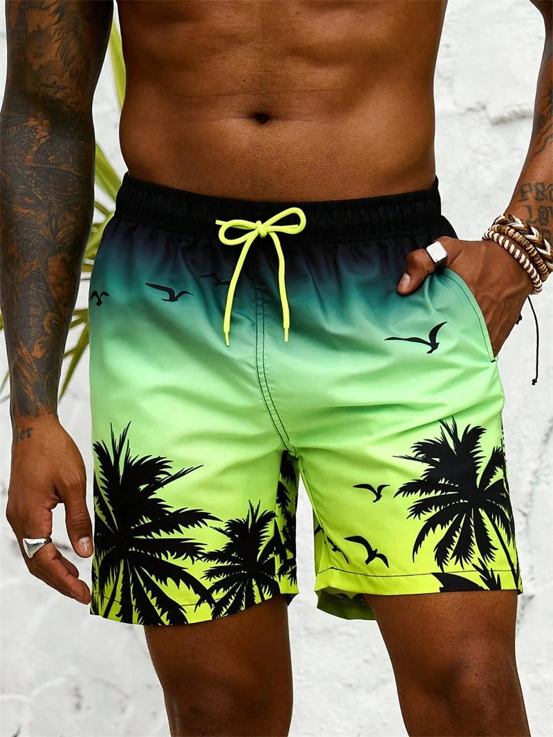 Palm Print Board Shorts - Hawaiian Loose Swim Trunks