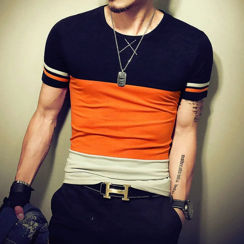 Patchwork Slim Fit T-Shirt - Short Sleeve Hip Hop Top