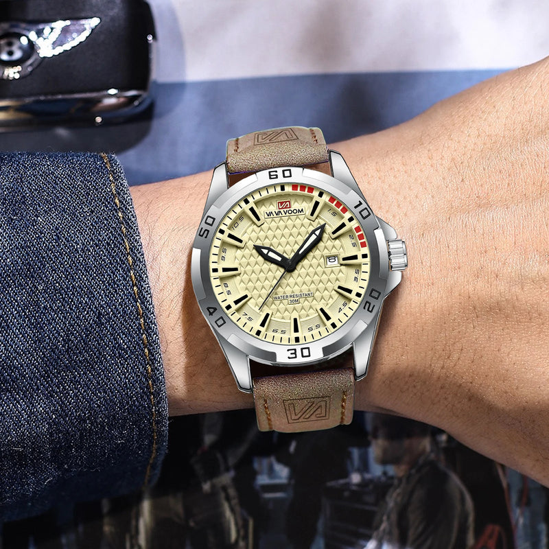 VA VA VOOM Military Calendar Watch - Leather Waterproof Quartz Clock