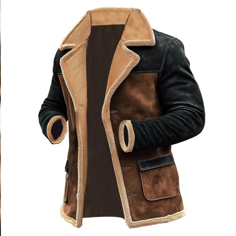 Suede Patchwork Lapel Winter Jacket - Thick Woolen Men's Coat