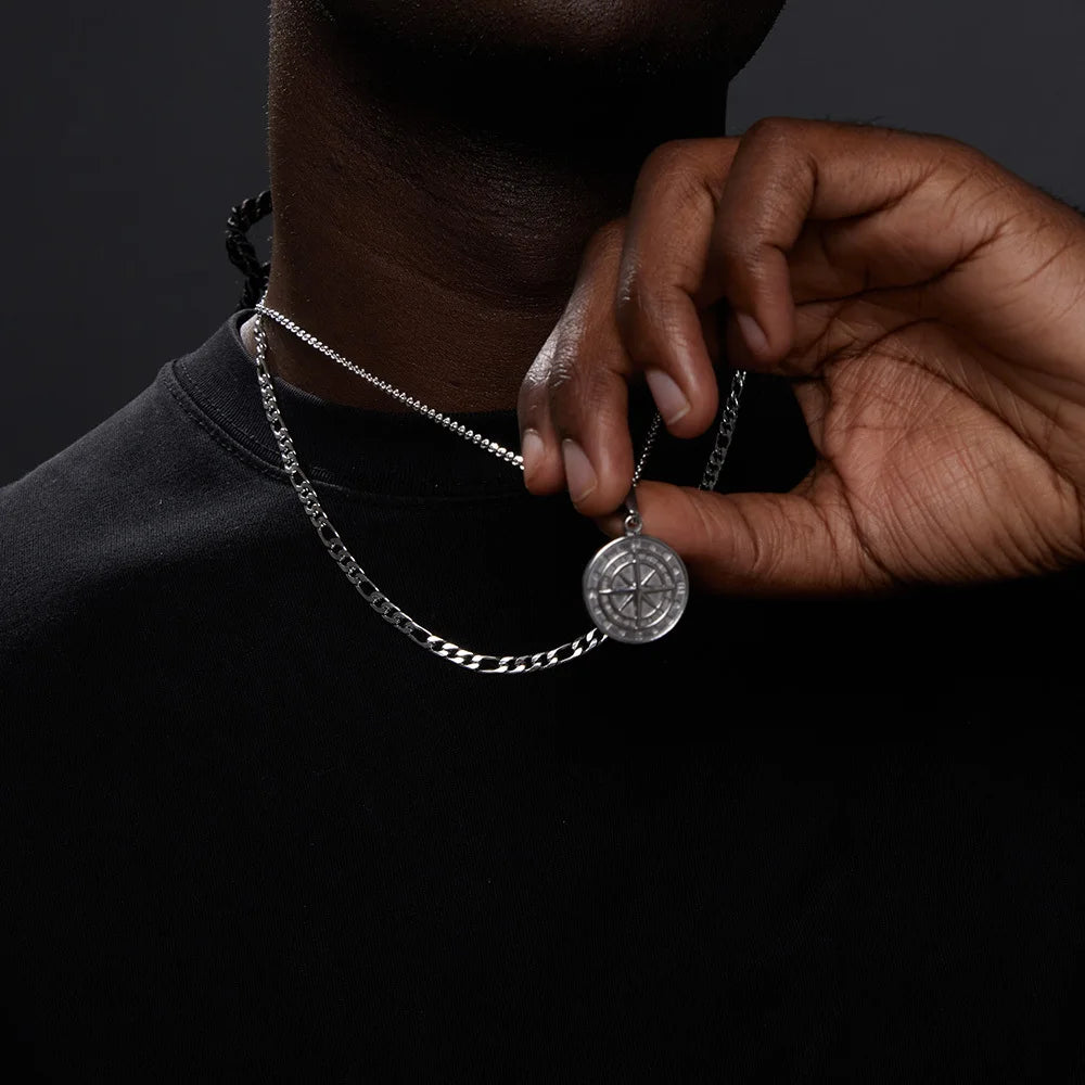 VNOX Compass Pendant Layered Necklace - Stainless Steel Travel Chain
