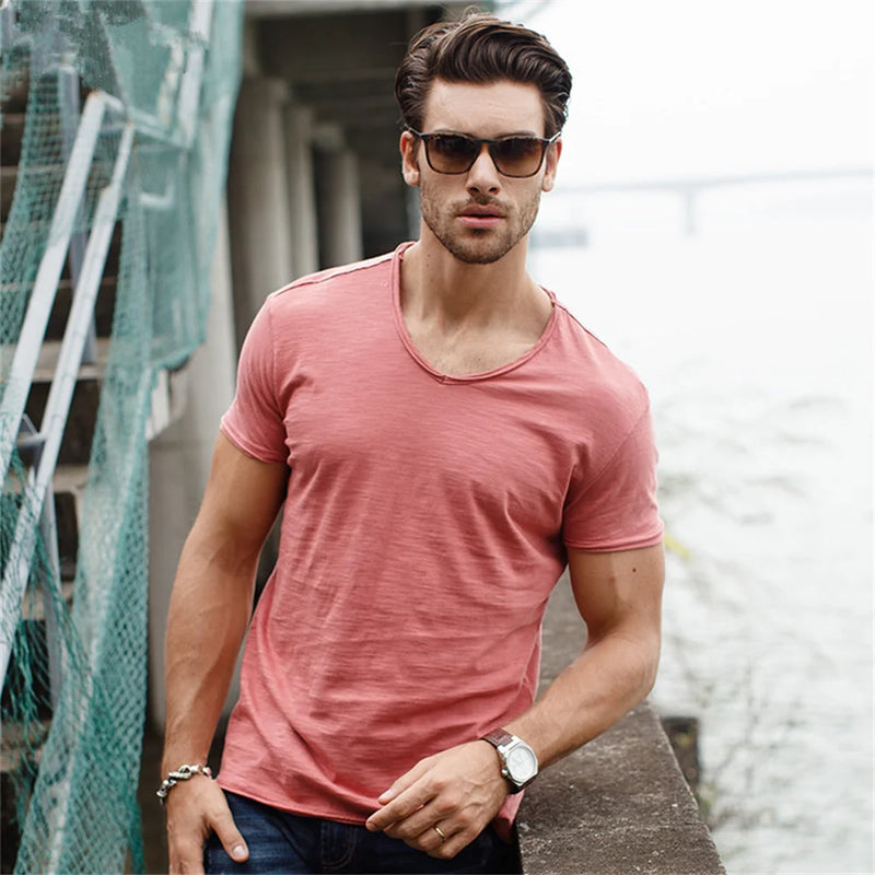 Cotton V-Neck Slim Fit T-Shirt - Solid Short Sleeve Tee