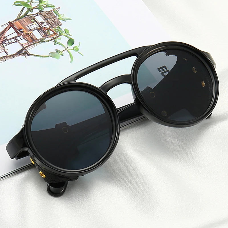 Steampunk Side Shield Round Sunglasses - UV400 Punk Eyewear