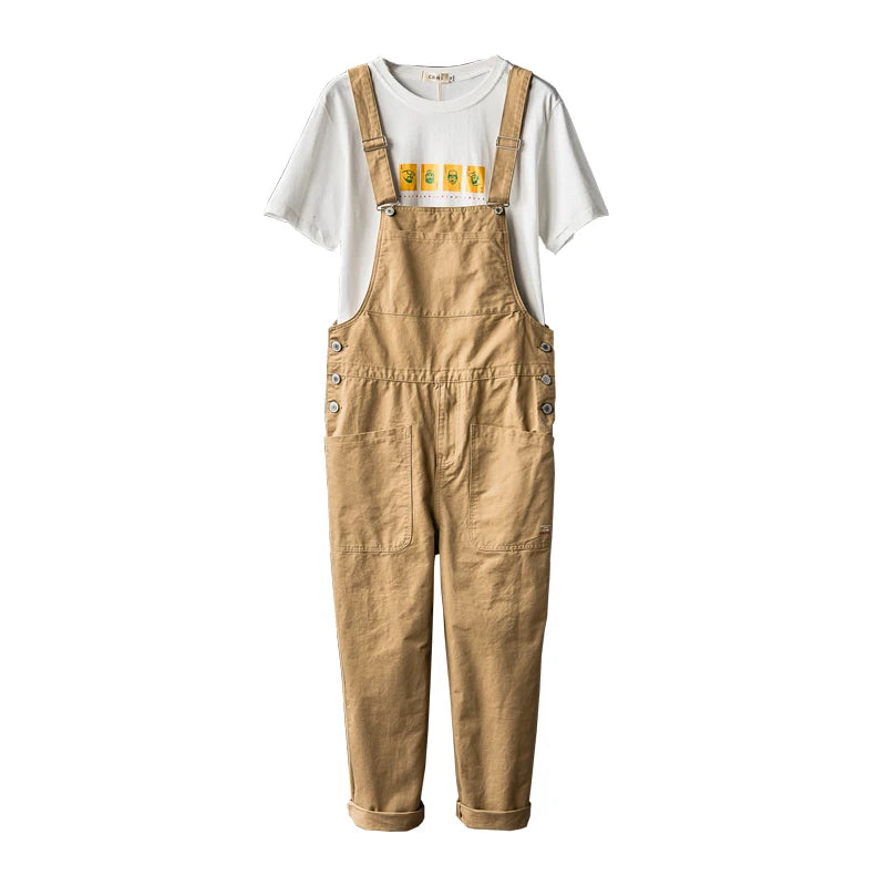Loose Khaki Cargo Bib Overalls - Adjustable Suspender Workwear Pants