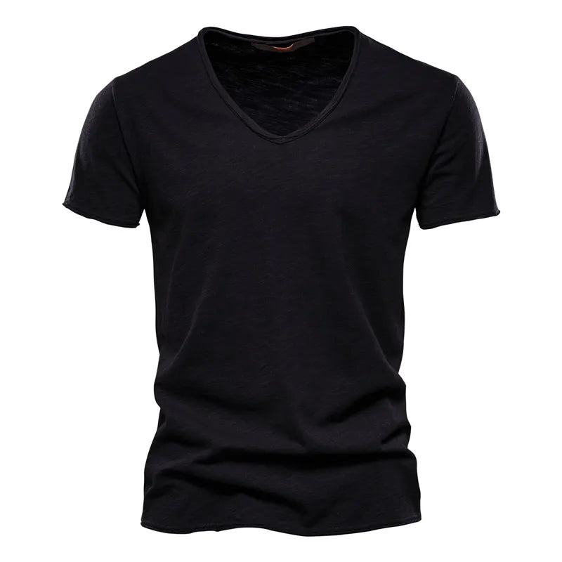 Cotton V-Neck Slim Fit T-Shirt - Solid Short Sleeve Tee