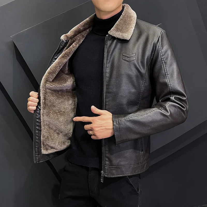 Thickened Faux Leather Zip Jacket - Lapel Winter Work Coat