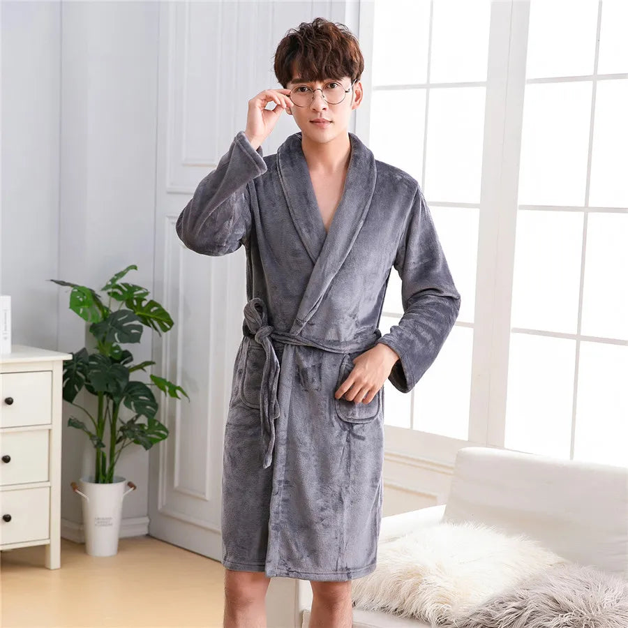 Flannel Kimono Bathrobe - Warm Plus Size Autumn Winter Robe