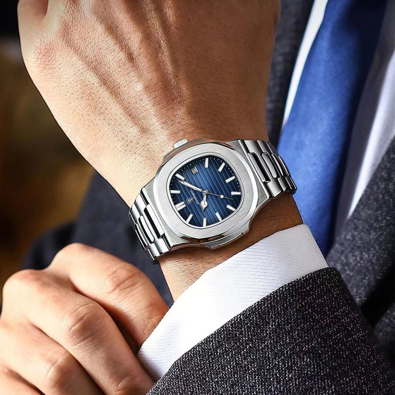 POEDAGAR Square Luminous Date Watch - Stainless Steel Quartz Wristwatch
