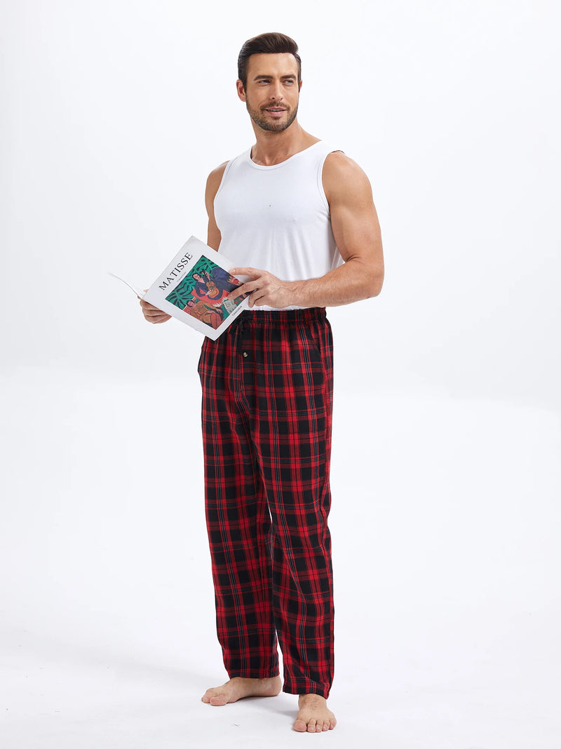Cotton Plaid Pajama Pants - Breathable Elastic Waist Lounge Bottoms