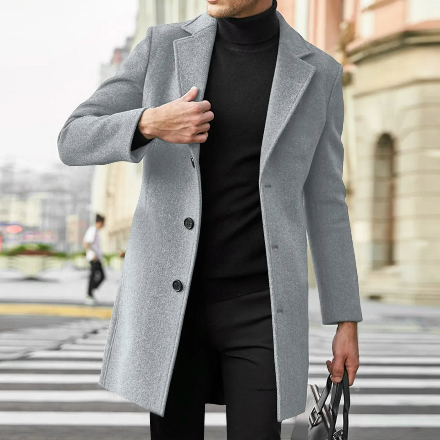 Men's Wool Blend Single Breasted Trench Coat - Business Casual Overcoat