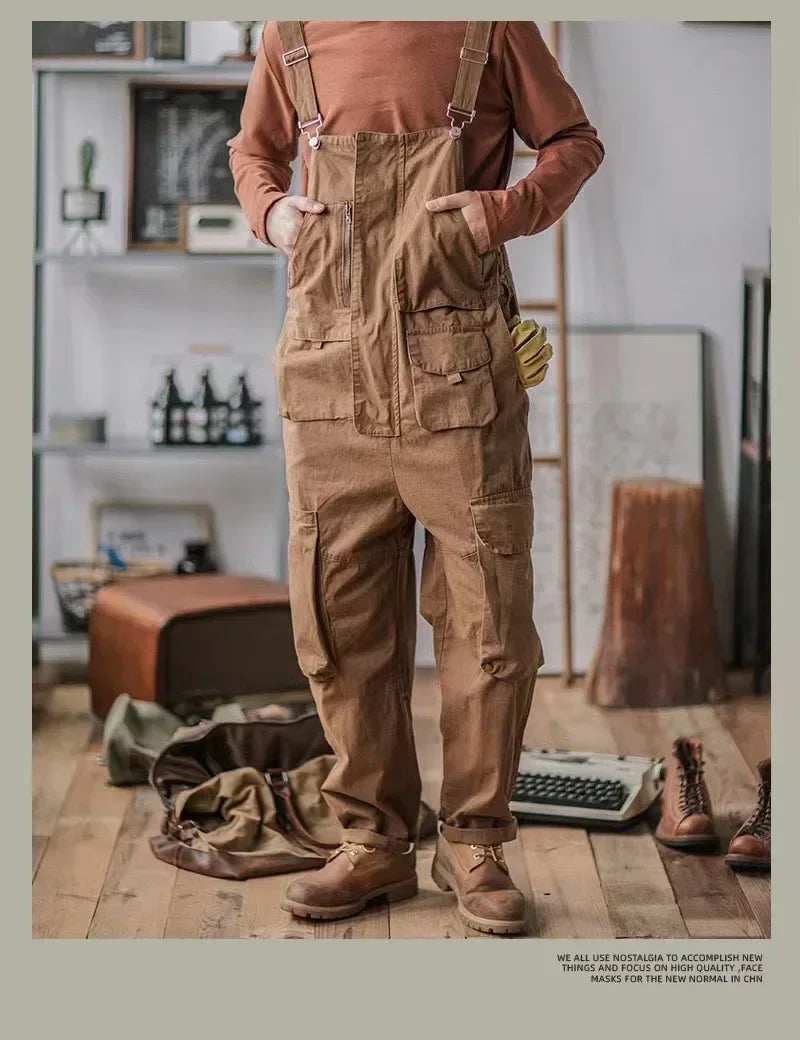 Retro American Cotton Bib Overalls - Loose Washed Full Length Jumpsuit