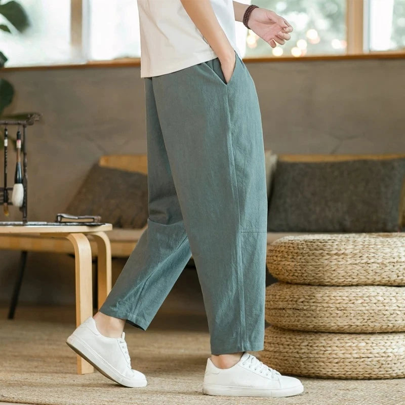 Cotton Linen Drawstring Pants - Breathable Loose Streetwear Trousers