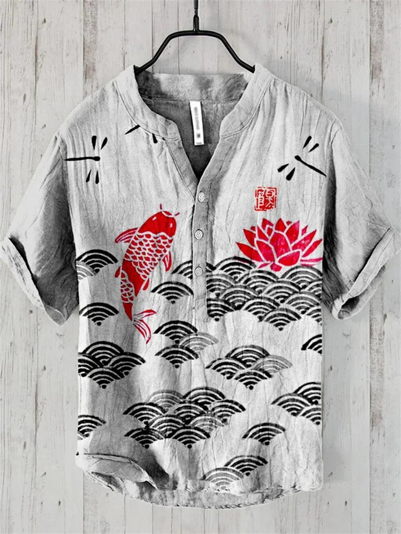 Fish Pattern Linen Hawaiian Shirt - Spring Summer Casual Top