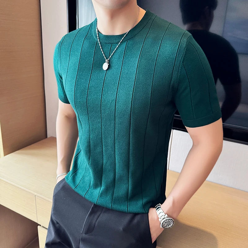 Striped Business Casual T-Shirt - Short Sleeve O-Neck Sweater Top