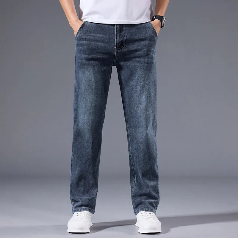 Retro Washed Straight Leg Jeans - Elastic Casual Denim Pants