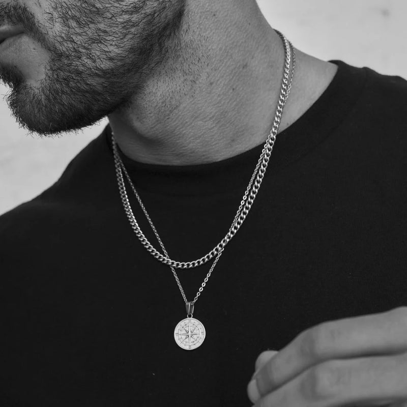 VNOX Compass Pendant Layered Necklace - Stainless Steel Travel Chain