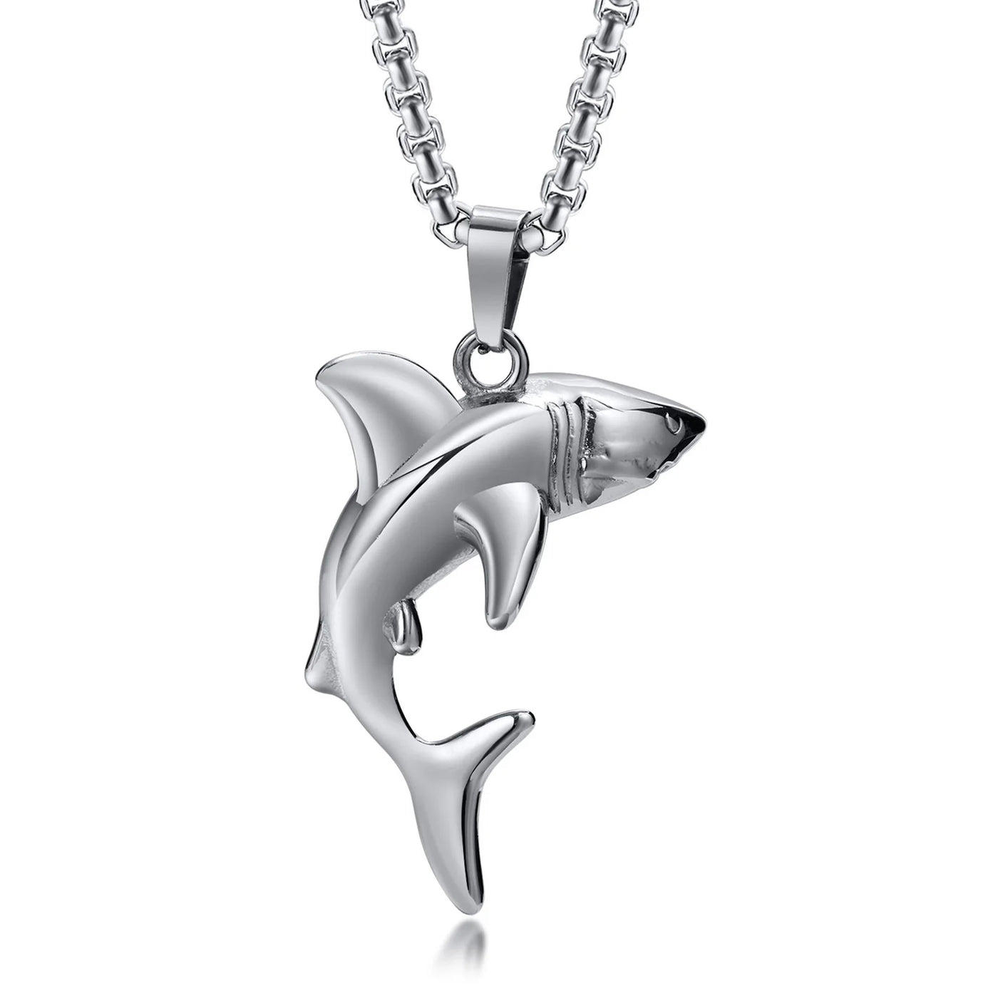 Shark Pendant Box Chain Necklace - Stainless Steel Animal Jewelry