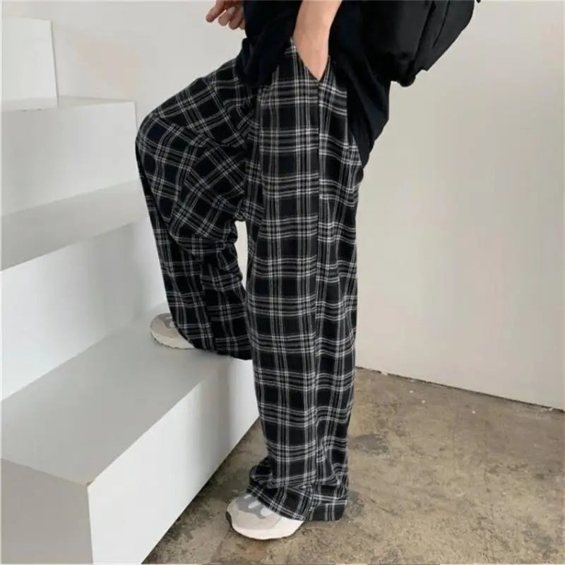 Oversized Black Plaid Casual Pants - Elastic Waist Unisex Trousers