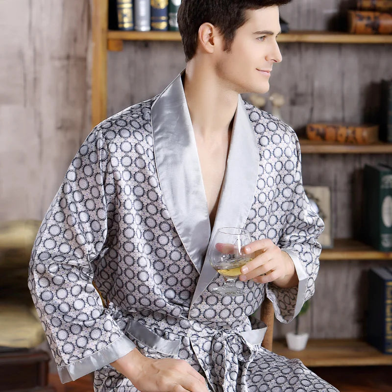 Silk Long Sleeve Kimono Robe - Geometric Satin Bath Gown