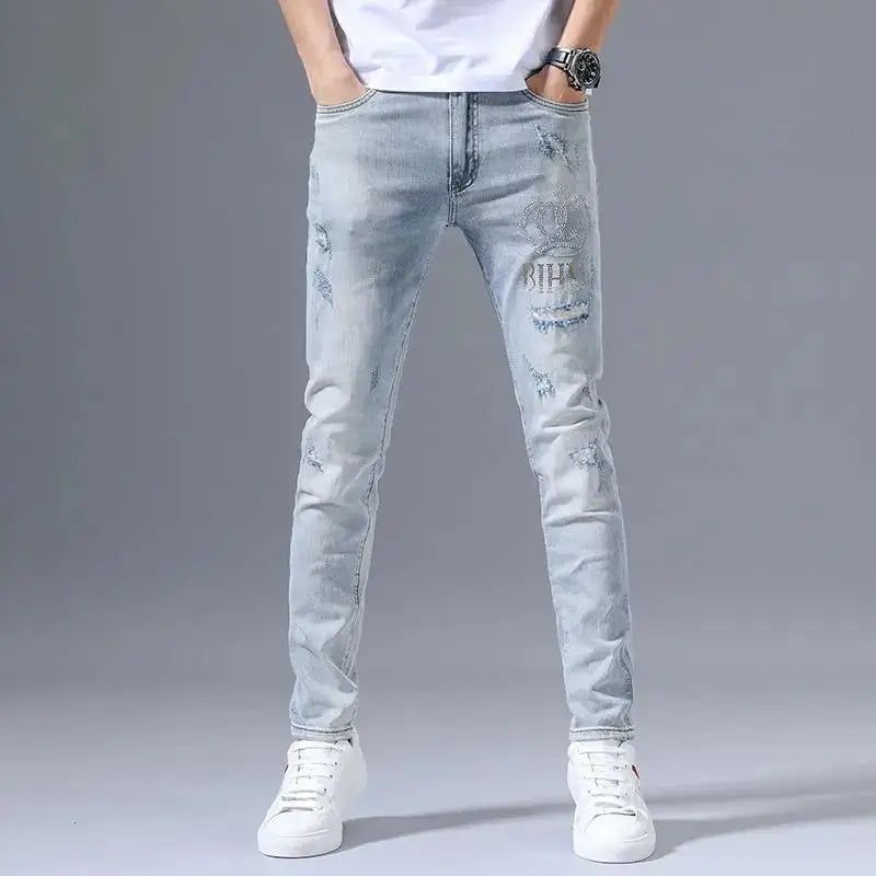 Embroidered Stretch Denim Jeans - Ripped Retro Slim Trousers