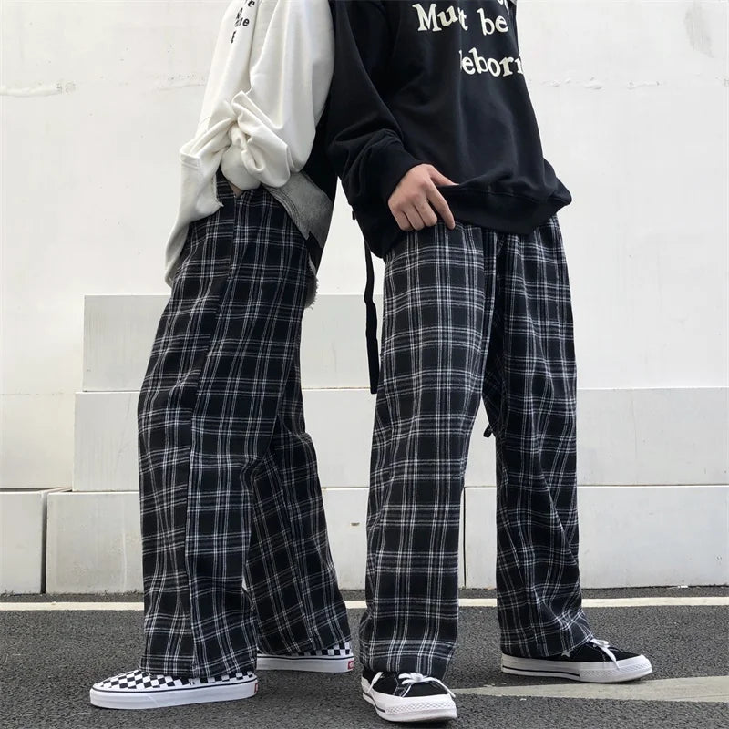 Oversized Black Plaid Casual Pants - Elastic Waist Unisex Trousers