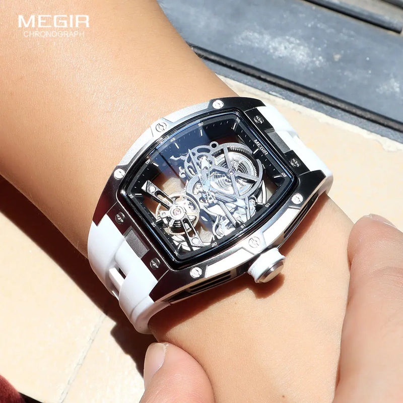 MEGIR Skeleton Dial Automatic Watch - Silicone Band Sport Timepiece