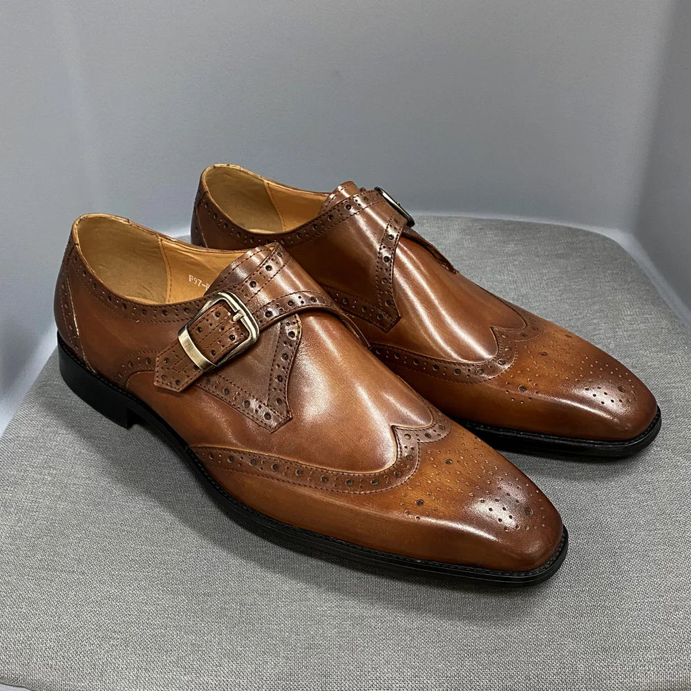 Genuine Leather Men's Wingtip Monk Strap Oxford Shoes