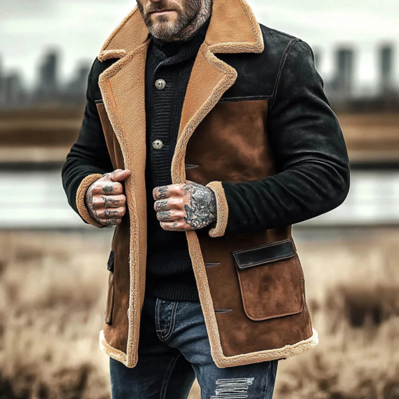 Suede Patchwork Lapel Winter Jacket - Thick Woolen Men's Coat