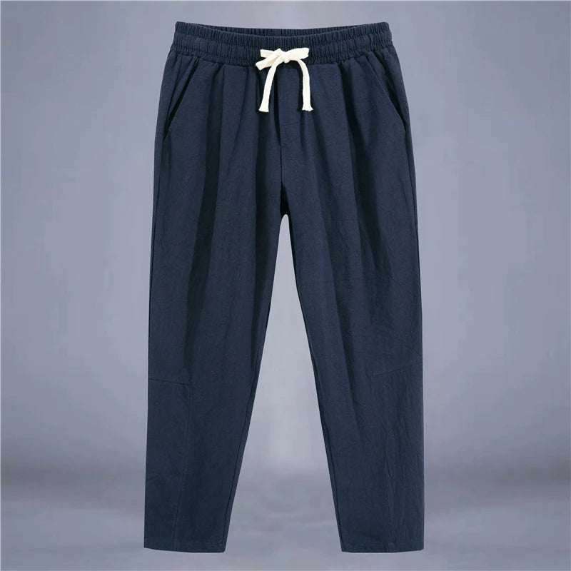 Cotton Linen Drawstring Pants - Breathable Loose Streetwear Trousers