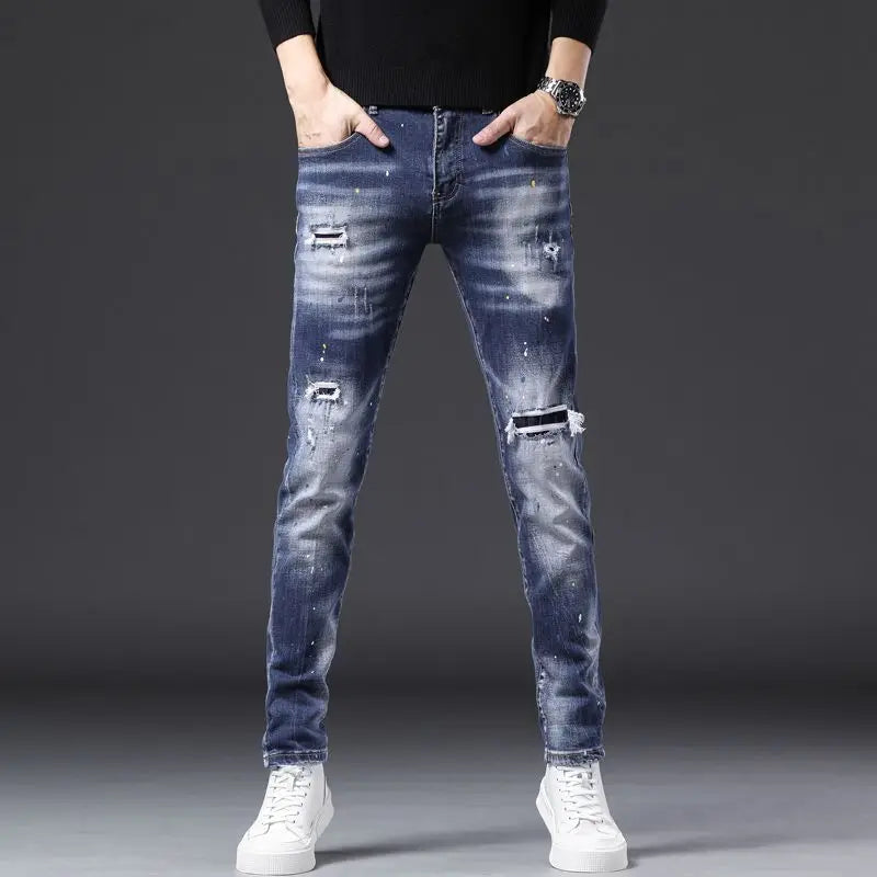 Washed Paint Ripped Jeans - Slim Korean Casual Denim Trousers