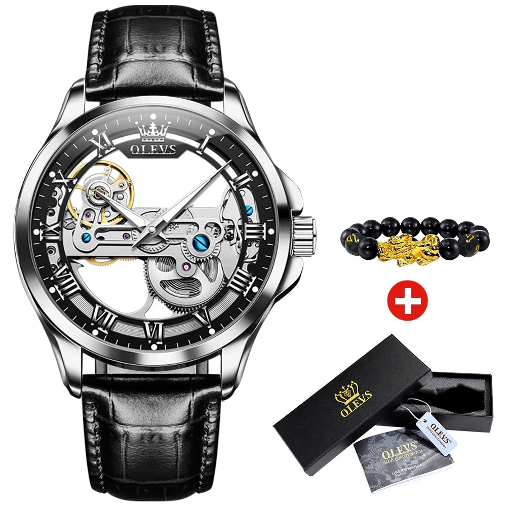 OLEVS Leather Strap Automatic Watch - Luminous Mechanical Wristwatch