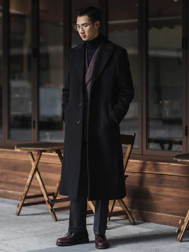 Long Black Wool Blend Trench Coat - Single Breasted Men's Overcoat