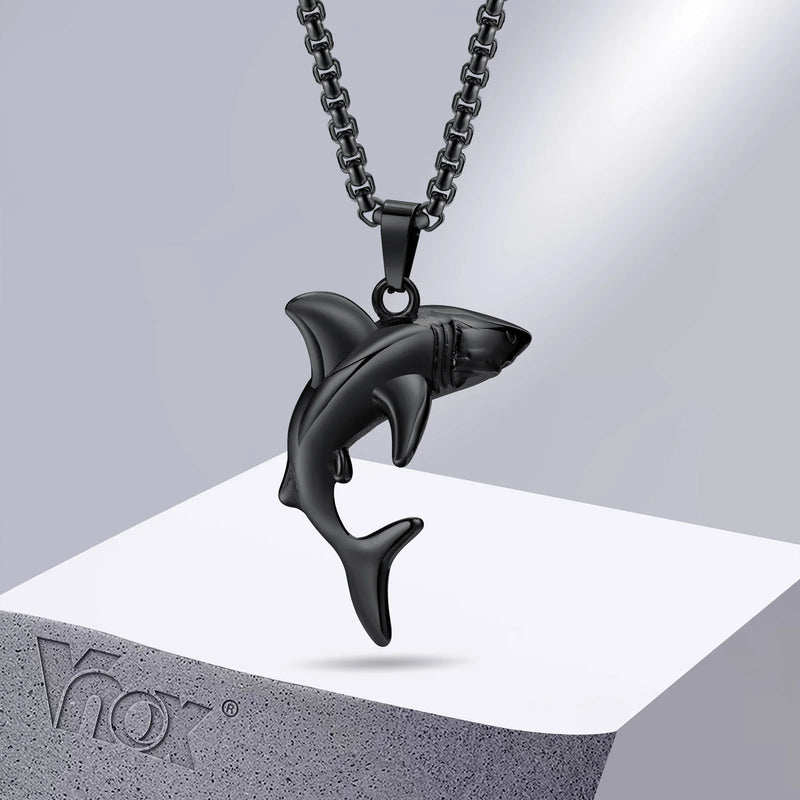 Shark Pendant Box Chain Necklace - Stainless Steel Animal Jewelry