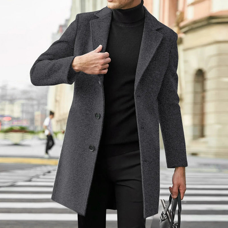 Men's Wool Blend Single Breasted Trench Coat - Business Casual Overcoat