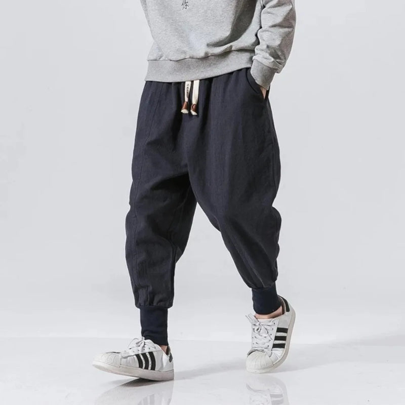 Cotton Linen Drop Crotch Pants - Baggy Streetwear Joggers