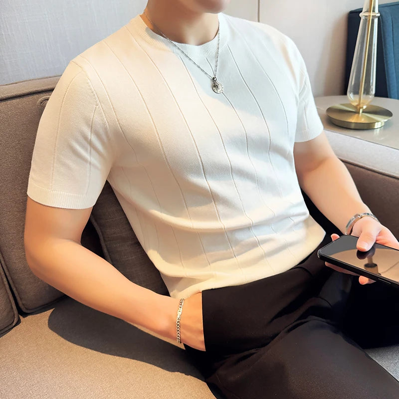 Striped Business Casual T-Shirt - Short Sleeve O-Neck Sweater Top